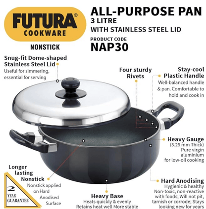 Hawkins Futura Nonstick All-Purpose Pan 3L, 22 cm, 3.25 mm with SS Lid (Black)