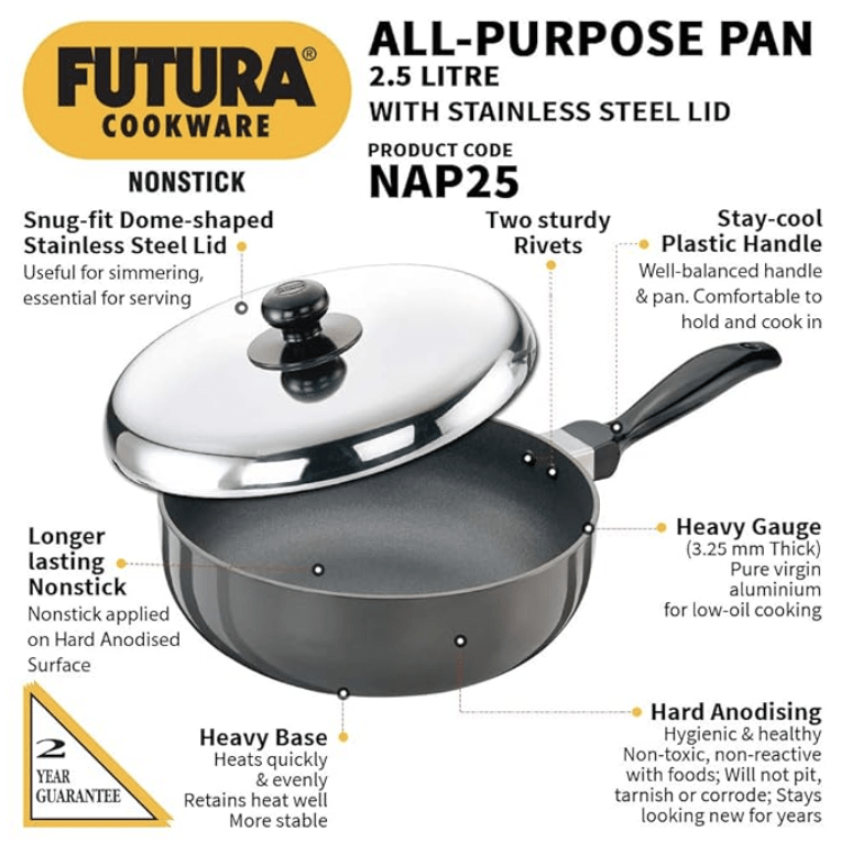 Hawkins Futura Nonstick All-Purpose Pan 2.5L, 22 cm, 3.25 mm with SS lid (Black)