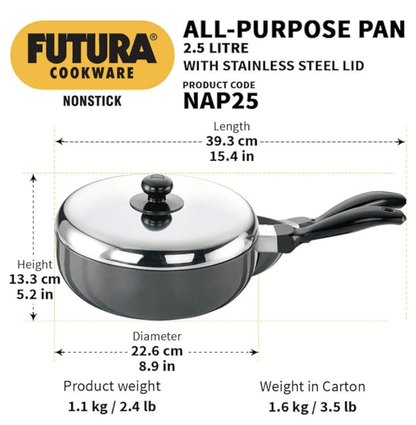 Hawkins Futura Nonstick All-Purpose Pan 2.5L, 22 cm, 3.25 mm with SS lid (Black)