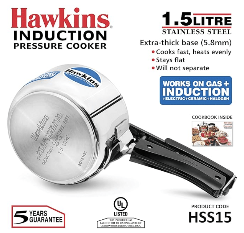 Hawkins 1.5 Litre Inner Lid Pressure Cooker, Stainless Steel Cooker, Induction Cooker, Small Cooker, Silver (HSS15)