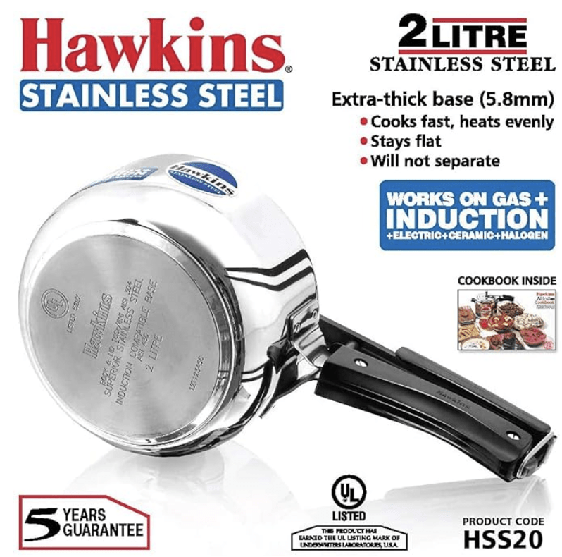 Hawkins Stainless Steel Induction Compatible Inner Lid Pressure Cooker, 2 Litre, Silver (HSS20)