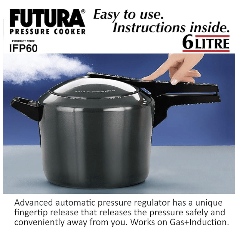 Hawkins Futura 6 Litre Pressure Cooker, Hard Anodised Inner Lid Pressure Cooker, Induction Cooker, Pan Cooker, Black (Ifp60), 6 Liter