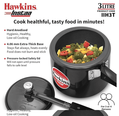 Hawkins 3 Litre Instaa Pressure Cooker, Induction Inner Lid Cooker, Tall Body Hard Anodised Cooker, Best Black Cooker, Black (Iih3T), 3 Liter
