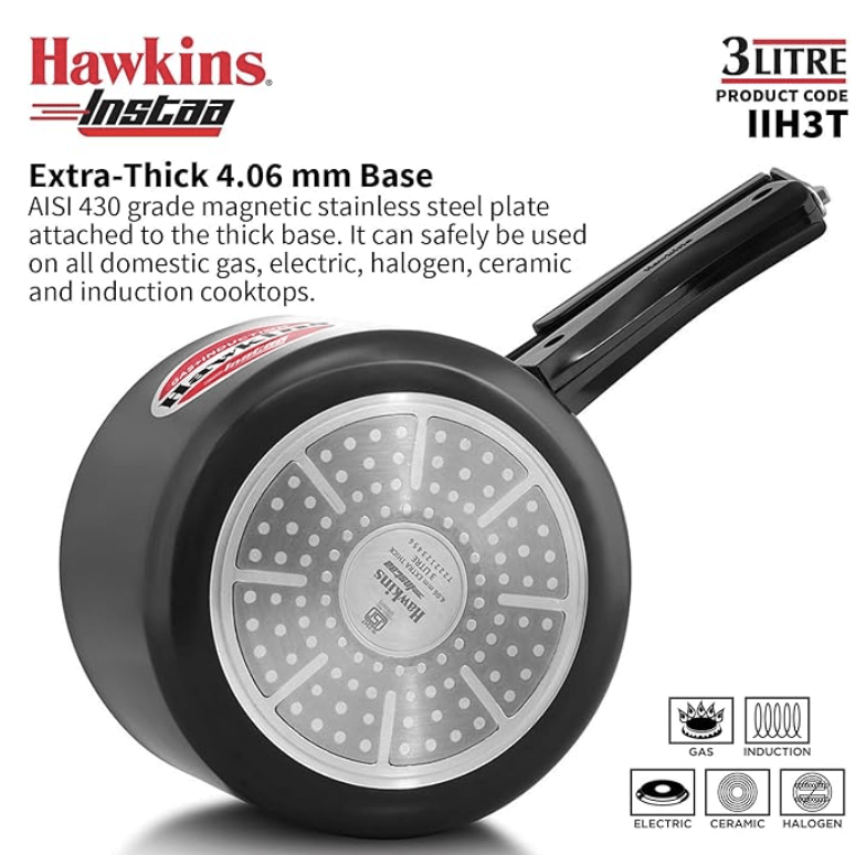 Hawkins 3 Litre Instaa Pressure Cooker, Induction Inner Lid Cooker, Tall Body Hard Anodised Cooker, Best Black Cooker, Black (Iih3T), 3 Liter