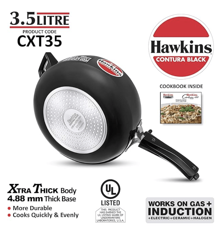 Hawkins 3.5 Litre Contura Black XT Pressure Cooker, Hard Anodised Inner Lid Cooker, Induction Cooker, Handi Cooker, Black (CXT35)