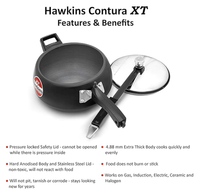 Hawkins 3.5 Litre Contura Black XT Pressure Cooker, Hard Anodised Inner Lid Cooker, Induction Cooker, Handi Cooker, Black (CXT35)