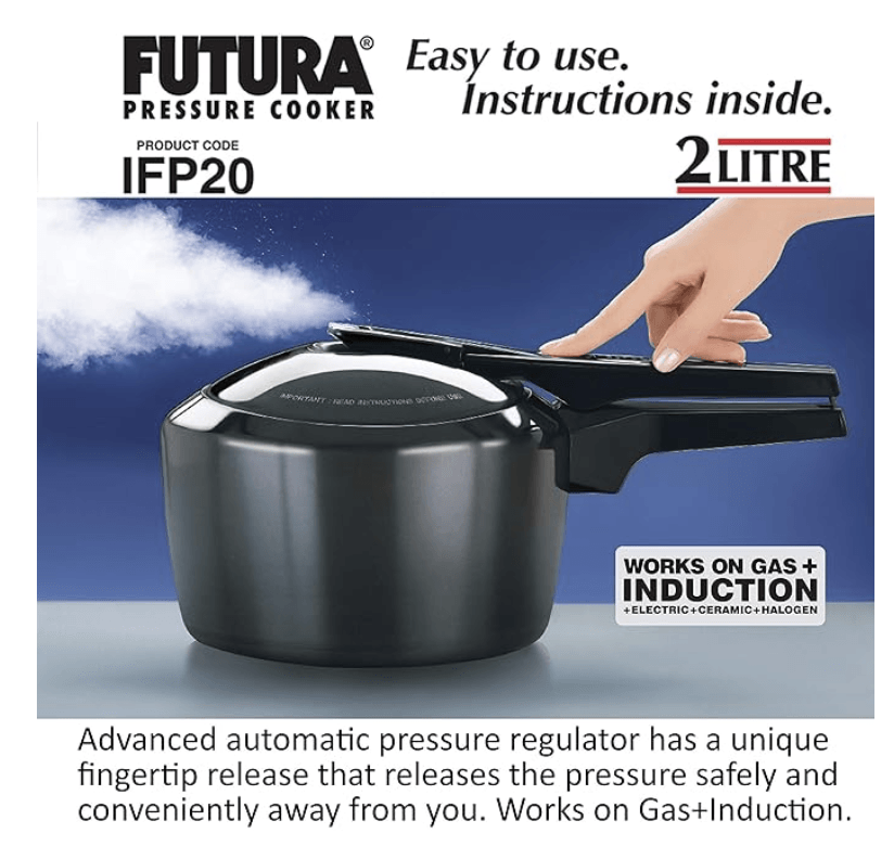 Hawkins Futura 2 Litre Pressure Cooker, Hard Anodised Inner Lid Pressure Cooker, Induction Cooker, Small Cooker, Black (IFP20)