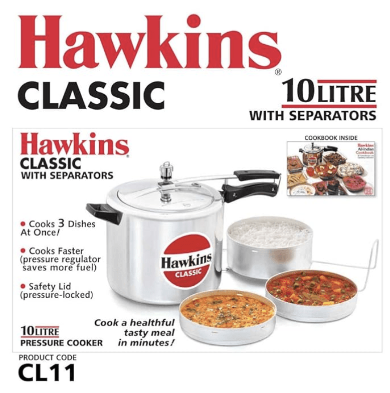 Hawkins Classic Aluminium Inner Lid Pressure Cooker with Separators, 10 Litre, Silver (CL11)