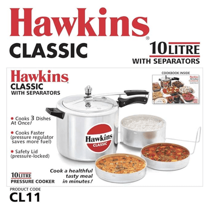 Hawkins Classic Aluminium Inner Lid Pressure Cooker with Separators, 10 Litre, Silver (CL11)