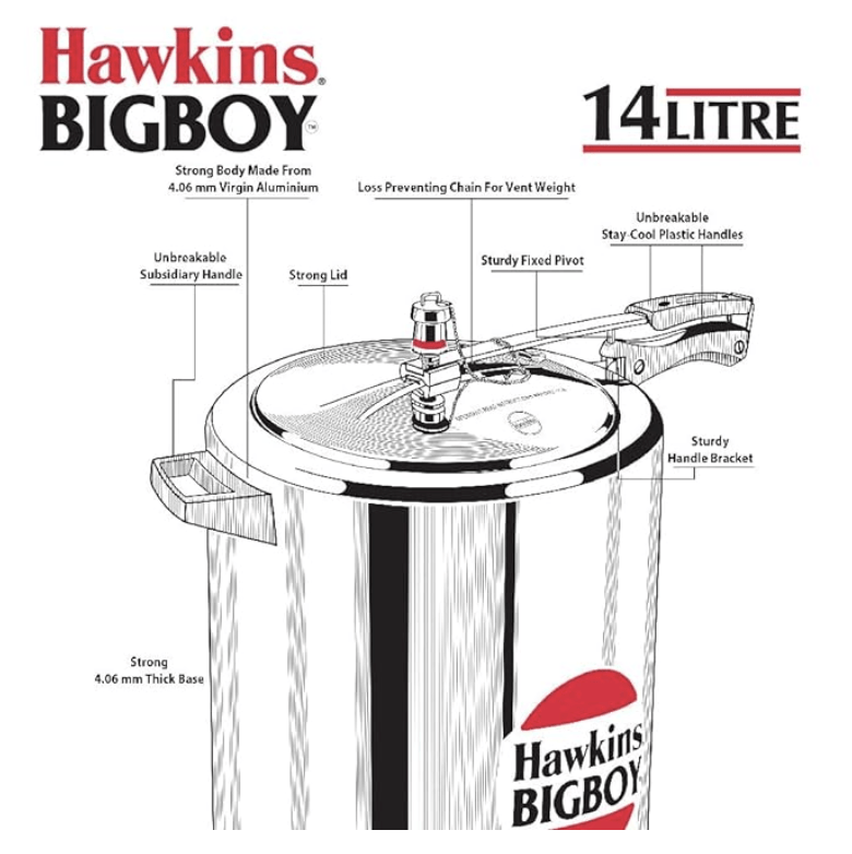 Hawkins Bigboy Pressure Cooker, 14 Litre, Silver (BB14)-2