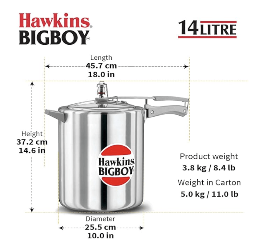 Hawkins Bigboy Pressure Cooker, 14 Litre, Silver (BB14)