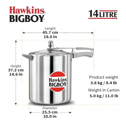 Hawkins Bigboy Pressure Cooker, 14 Litre, Silver (BB14)