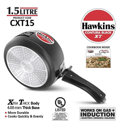 Hawkins 1.5 Litre Contura Black XT Pressure Cooker, Hard Anodised Inner Lid Cooker, Small Induction Cooker, Extra Thick Handi Cooker, Black (CXT15)