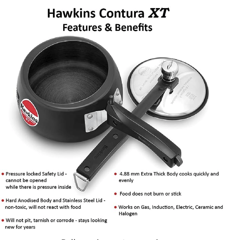 Hawkins 1.5 Litre Contura Black XT Pressure Cooker, Hard Anodised Inner Lid Cooker, Small Induction Cooker, Extra Thick Handi Cooker, Black (CXT15)-3