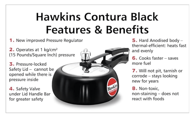 Hawkins Contura Hard Anodised Aluminium Inner Lid Pressure Cooker, 2 Liters, Black