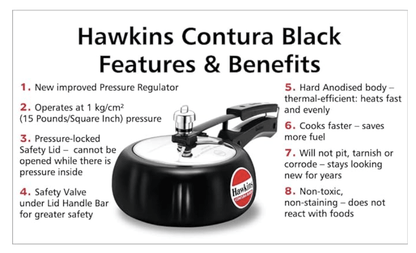Hawkins Contura Hard Anodised Aluminium Inner Lid Pressure Cooker, 2 Liters, Black