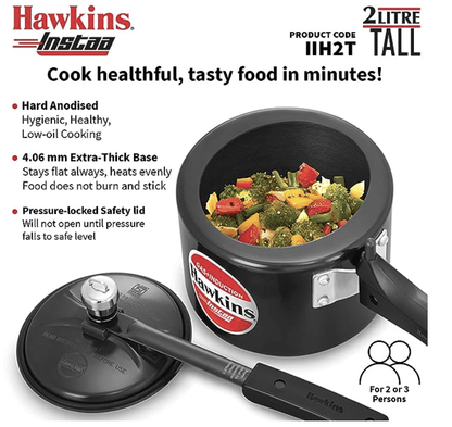 Hawkins 2 Litre Instaa Pressure Cooker, Induction Inner Lid Cooker, Tall Body Hard Anodised Cooker, Best Black Cooker, Black (IIH2T)
