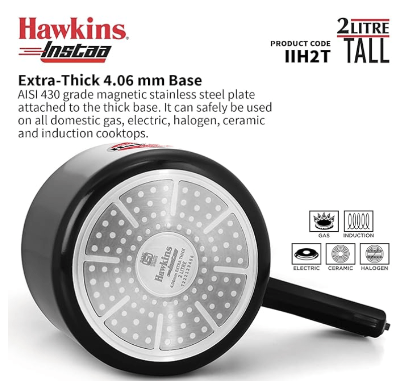 Hawkins 2 Litre Instaa Pressure Cooker, Induction Inner Lid Cooker, Tall Body Hard Anodised Cooker, Best Black Cooker, Black (IIH2T)