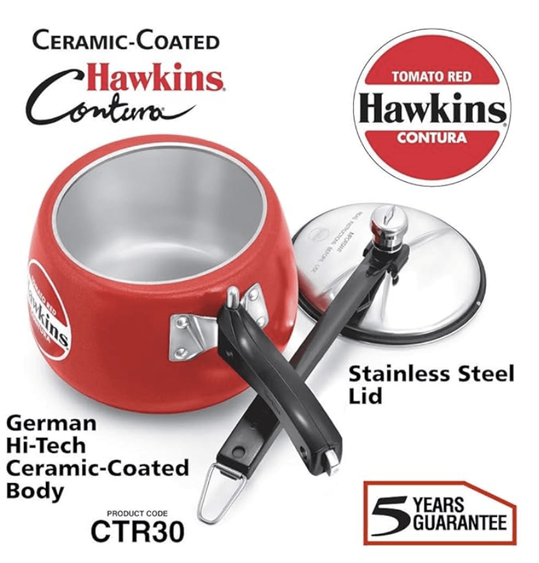 Hawkins Contura 3 Litre Pressure Cooker, Ceramic Coated Handi Cooker, Tomato Red (CTR30)-3