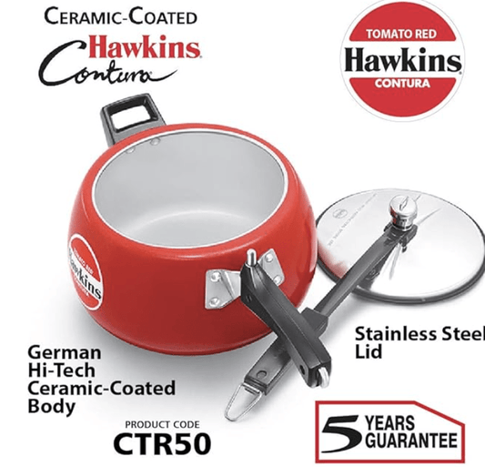 Hawkins Contura 5 Litre Aluminium Inner Lid Pressure Cooker, Ceramic Coated Handi Cooker, Tomato Red (Ctr50), 5 Liter