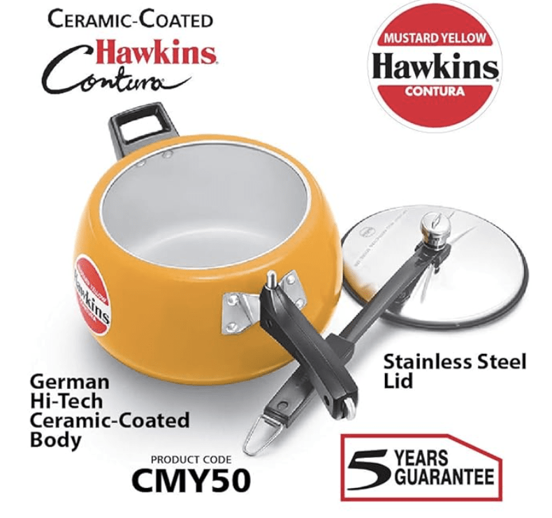Hawkins Ceramic- Coated Contura 5L Mustard Yellow Aluminium Inner Lid Pressure Cooker