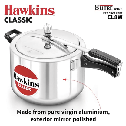 Hawkins Classic 8 Litre Aluminium Inner Lid Pressure Cooker, Wide Design Pan Cooker, Big Cooker, Silver (CL8W)