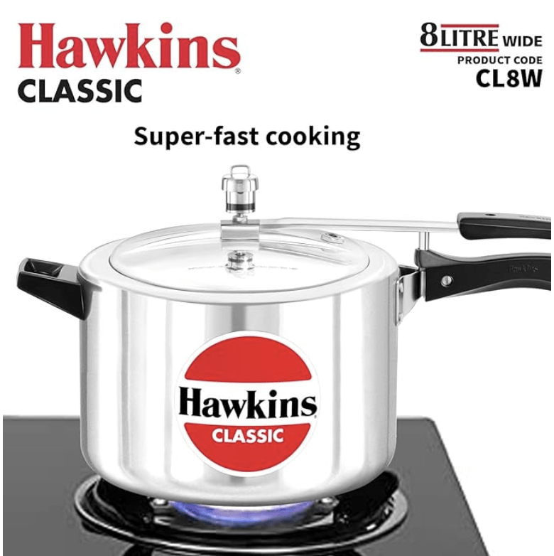 Hawkins Classic 8 Litre Aluminium Inner Lid Pressure Cooker, Wide Design Pan Cooker, Big Cooker, Silver (CL8W)