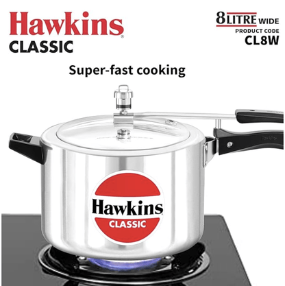 Hawkins Classic 8 Litre Aluminium Inner Lid Pressure Cooker, Wide Design Pan Cooker, Big Cooker, Silver (CL8W)