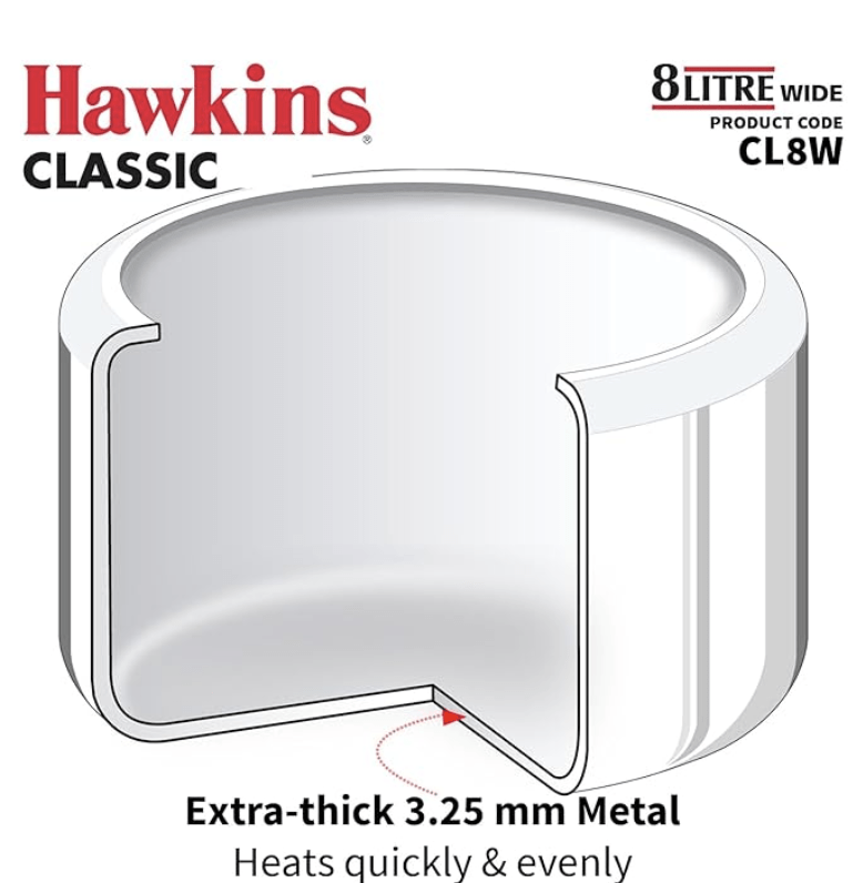 Hawkins Classic 8 Litre Aluminium Inner Lid Pressure Cooker, Wide Design Pan Cooker, Big Cooker, Silver (CL8W)