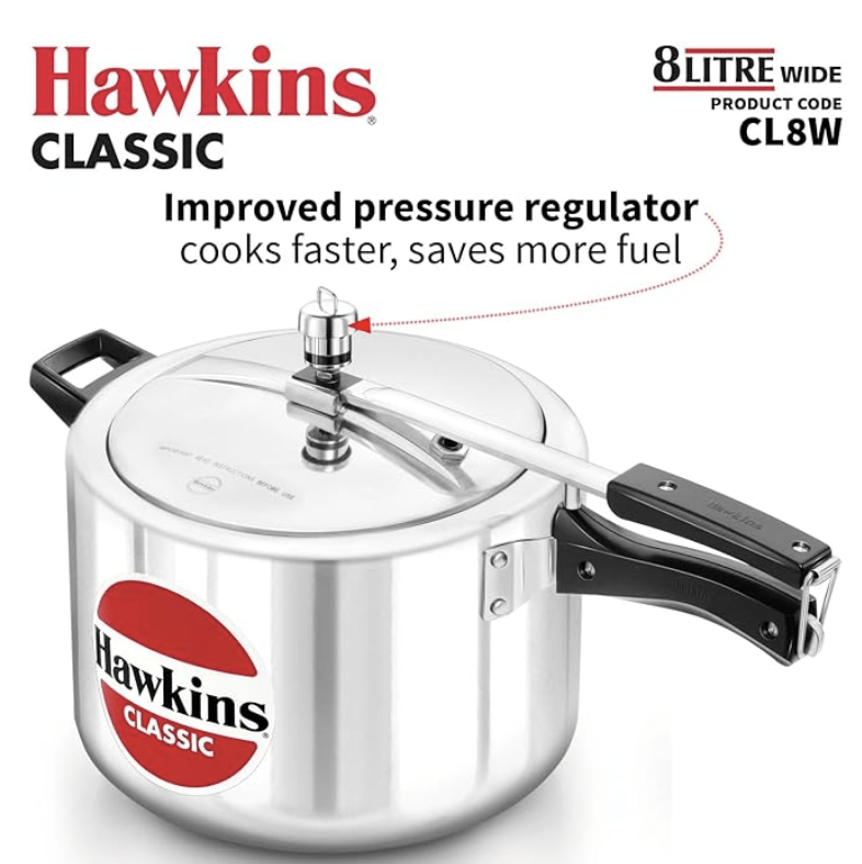 Hawkins Classic 8 Litre Aluminium Inner Lid Pressure Cooker, Wide Design Pan Cooker, Big Cooker, Silver (CL8W)