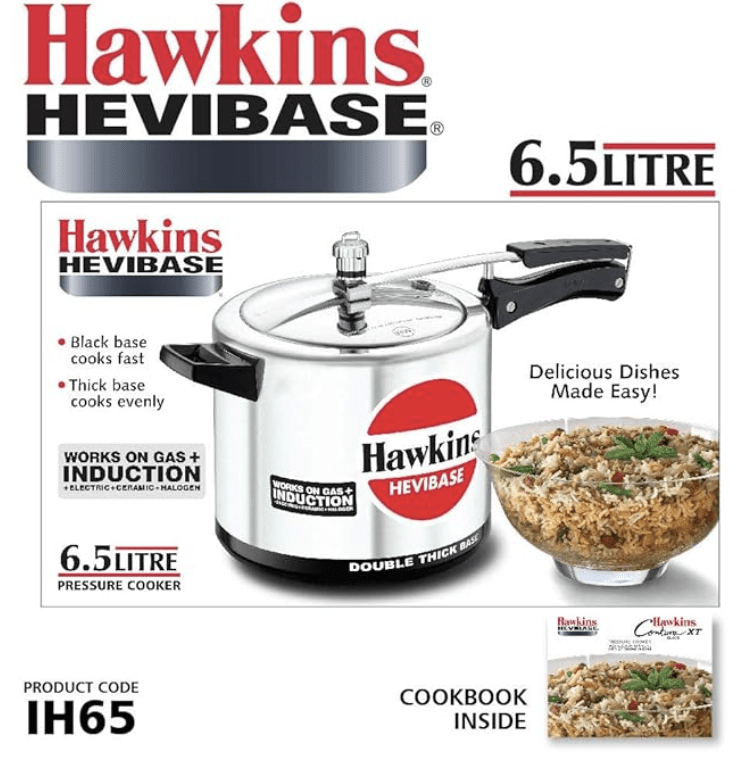 Hawkins Hevibase 6.5 Litre Inner Lid Aluminium Pressure Cooker, Induction Cooker, Silver (IH65)-2