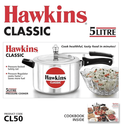 Hawkins Classic Aluminium Inner Lid Pressure Cooker, 5 Litre, Silver (CL50)