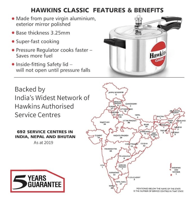 Hawkins Classic Aluminium Inner Lid Pressure Cooker, 5 Litre, Silver (CL50)