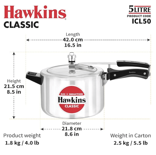 Hawkins 5 Litre Classic Pressure Cooker, Induction Inner Lid Cooker, Pan Cooker, Best Cooker, Silver (ICL50, Aluminium)