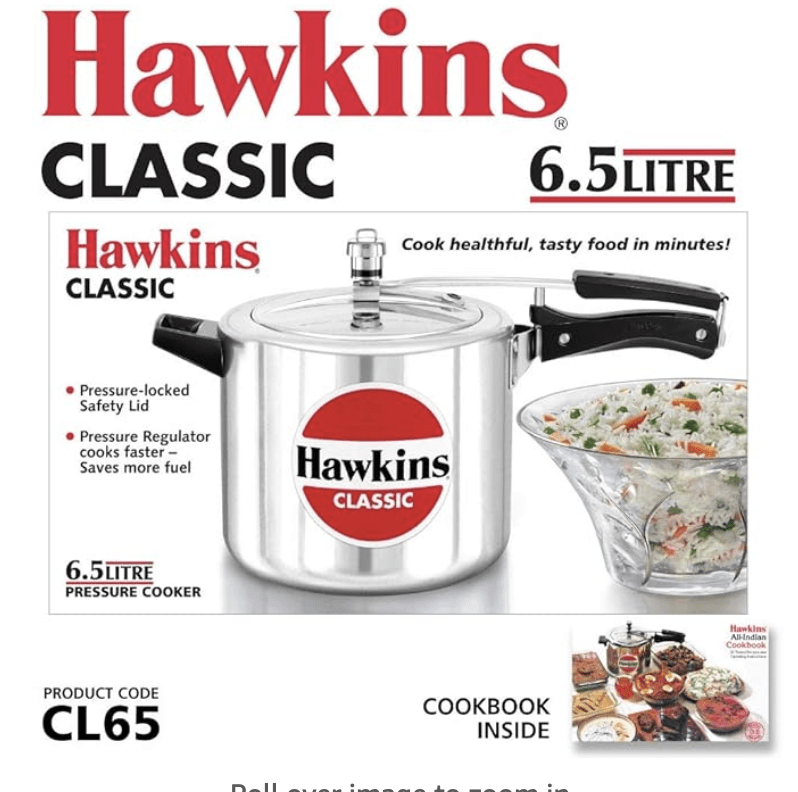 Hawkins 6.5 Litre Classic Pressure Cooker, Best Inner Lid Cooker, Silver (CL65, Aluminium)