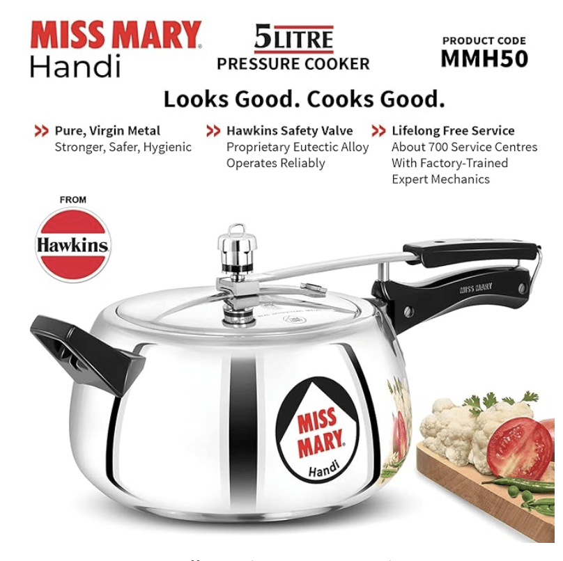हॉकिन्स 5 लीटर मिस मैरी हांडी प्रेशर कुकर, इनर लिड कुकर, सिल्वर (MMH50) (एल्युमीनियम) 