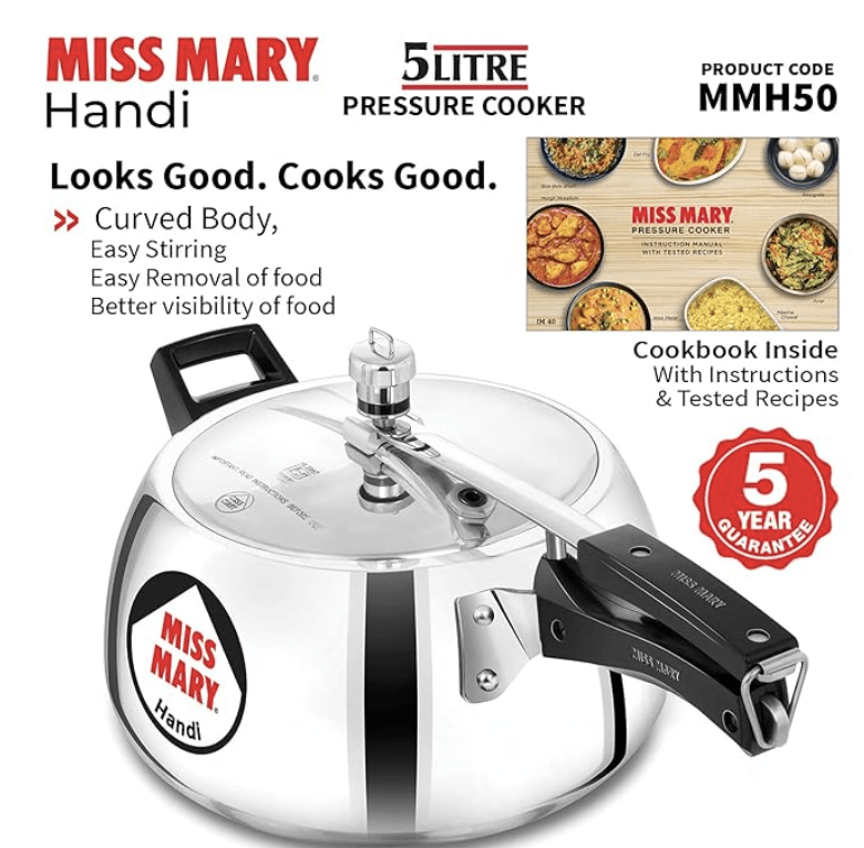 Hawkins 5 Litre Miss Mary Handi Pressure Cooker, Inner Lid Cooker, Silver (MMH50) (Aluminium)-2