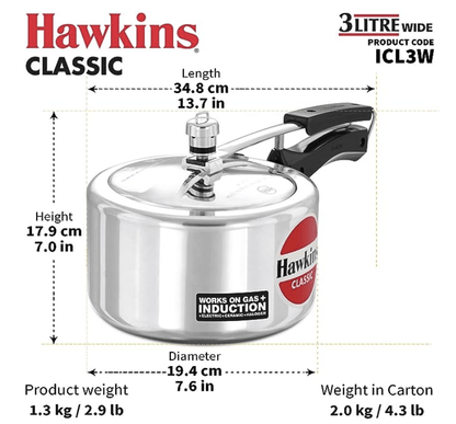 Hawkins Classic 3 Litre Inner Lid Aluminium Pressure Cooker, Induction Cooker, Wide Design Pan Cooker, Best Cooker, Silver (ICL3W)