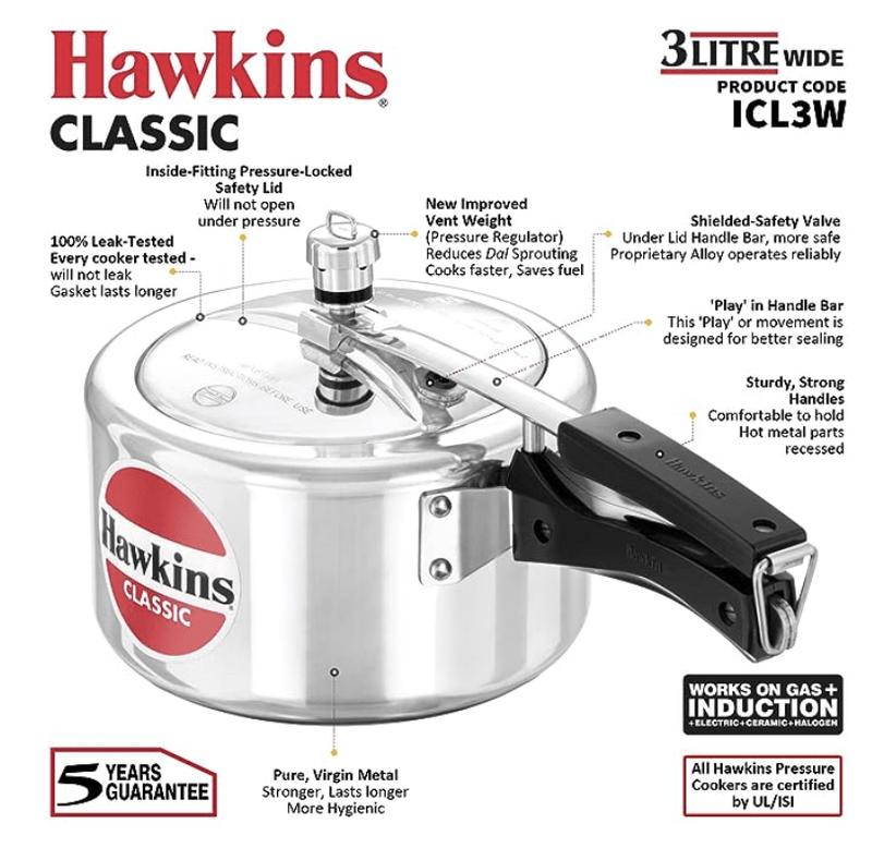 Hawkins Classic 3 Litre Inner Lid Aluminium Pressure Cooker, Induction Cooker, Wide Design Pan Cooker, Best Cooker, Silver (ICL3W)-2