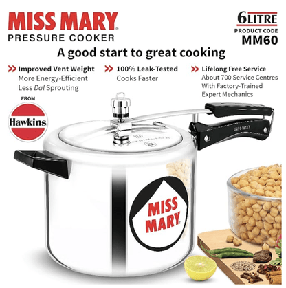 Hawkins 6 Litre Miss Mary Pressure Cooker, Inner Lid Cooker, Silver (MM60)