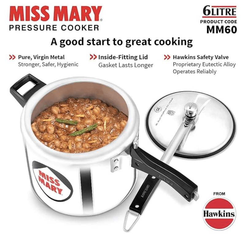 Hawkins 6 Litre Miss Mary Pressure Cooker, Inner Lid Cooker, Silver (MM60)