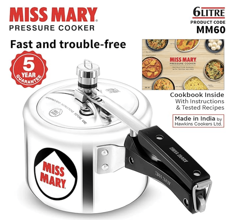 Hawkins 6 Litre Miss Mary Pressure Cooker, Inner Lid Cooker, Silver (MM60)