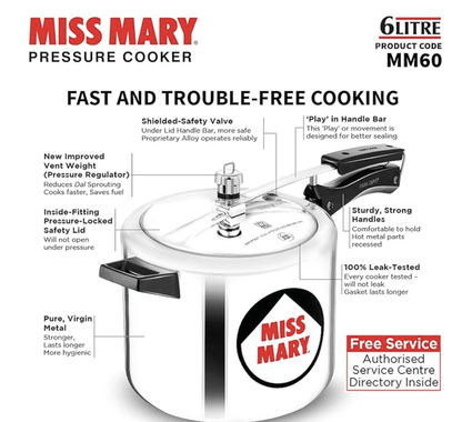 Hawkins 6 Litre Miss Mary Pressure Cooker, Inner Lid Cooker, Silver (MM60)