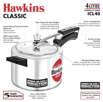 Hawkins 4 Litre Classic Pressure Cooker, Induction Inner Lid Cooker, Pan Cooker, Best Cooker, Silver (ICL40, Aluminium)