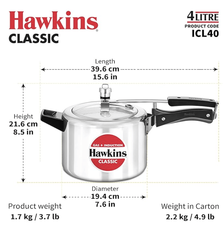 Hawkins 4 Litre Classic Pressure Cooker, Induction Inner Lid Cooker, Pan Cooker, Best Cooker, Silver (ICL40, Aluminium)
