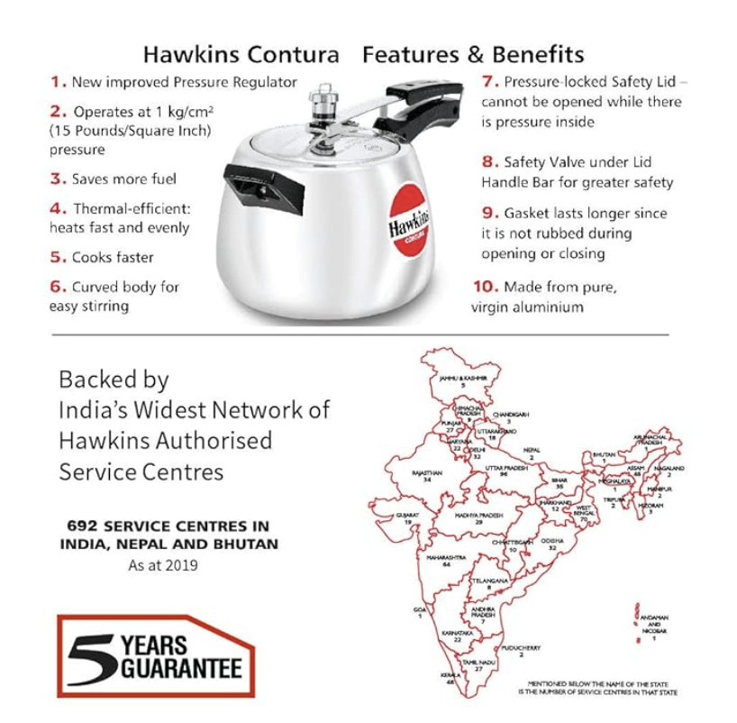 Hawkins Contura 4 Litre Aluminium Inner Lid Pressure Cooker, Handi Cooker, Silver (HC40)