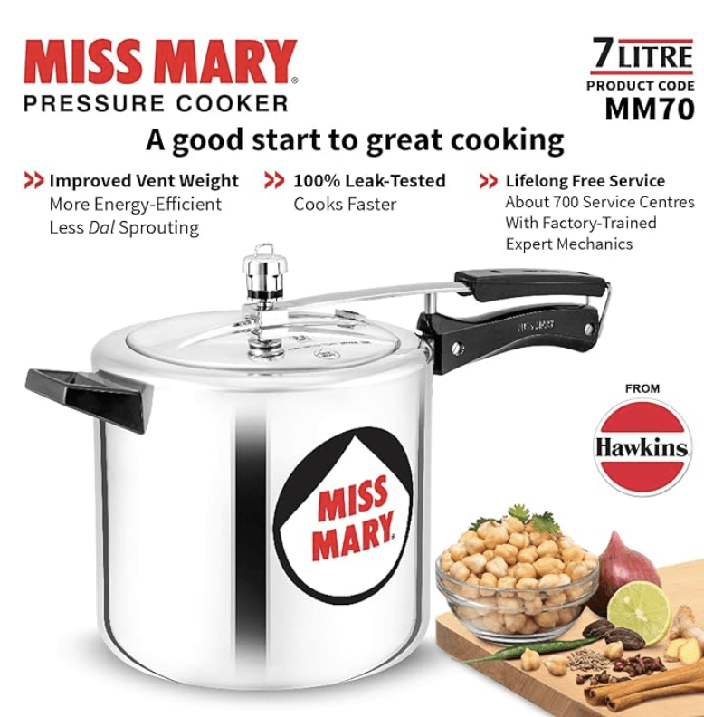 Hawkins Miss Mary Pressure Cooker, 7 Litre, Silver (MM70)-5