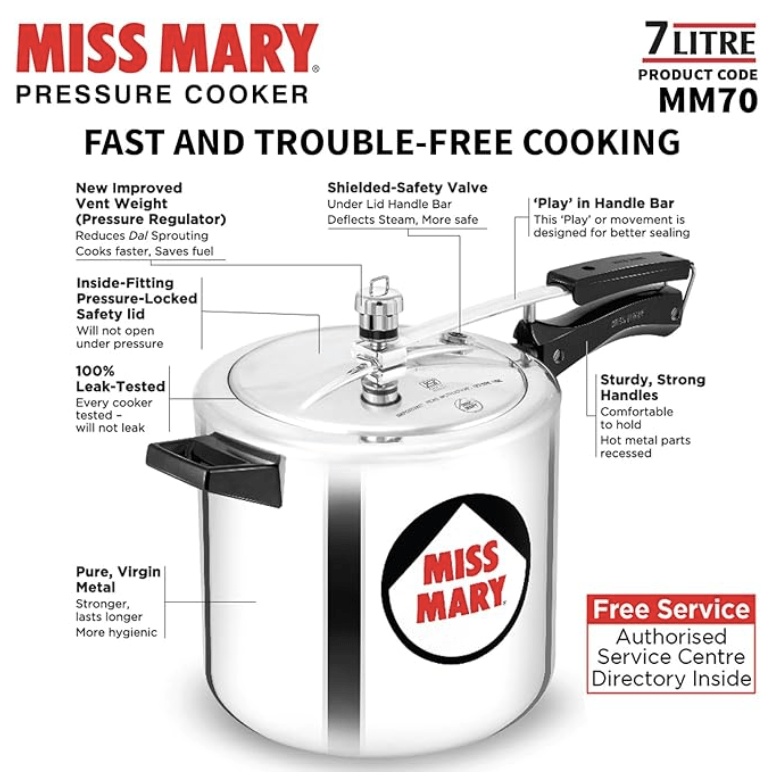 Hawkins Miss Mary Pressure Cooker, 7 Litre, Silver (MM70)-2