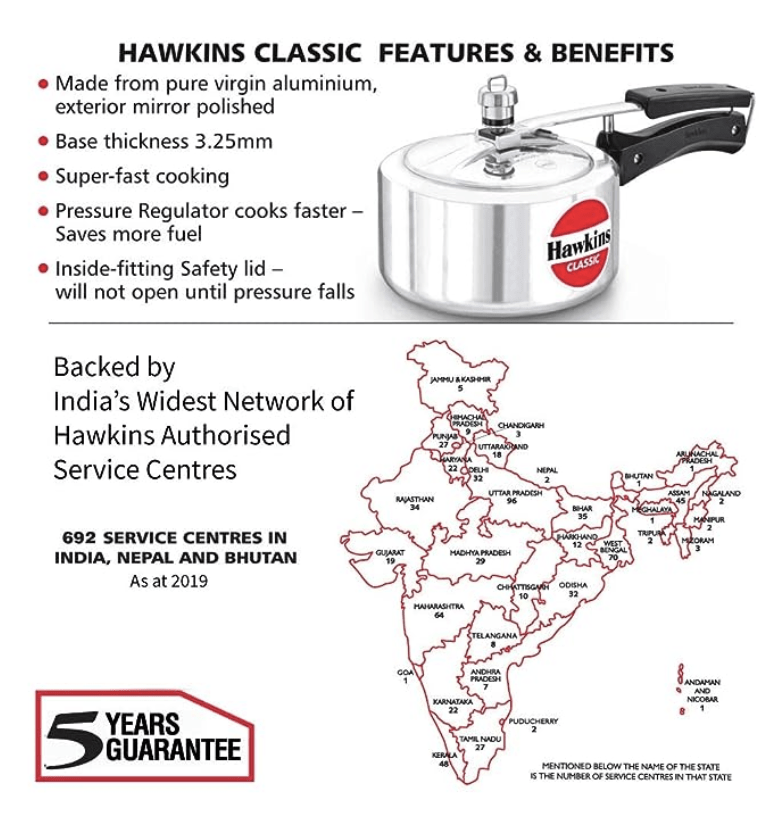 Hawkins Classic Aluminium Inner Lid Pressure Cooker, 2 Litre, Silver (CL20)