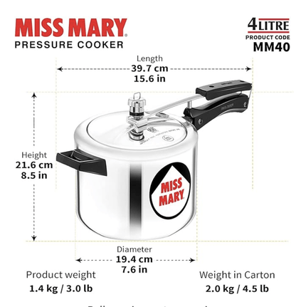 Hawkins Miss Mary Aluminium Inner Lid Pressure Cooker, 4 Litre, Silver (MM40)